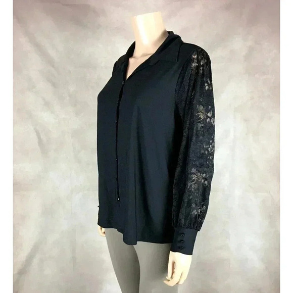 RIO & RIAN Stretchy Button Front Blouse with Lace Sleeves Large - Picture 9 of 9